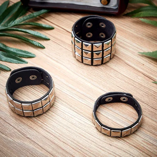 Miniatura 6 de Hicarer 3 piezas de pulsera de cuero punk de Halloween para hombres y mujeres, pulsera gótica de rock de los 80, brazalete unisex para fiesta