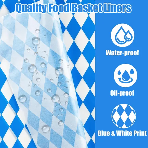 Miniatura 3 de PLULON 100 Hojas de revestimiento para canasta de alimentos Oktoberfest 30,4 in × 30,4 in papel de cera azul y blanco a cuadros, hojas de papel deli