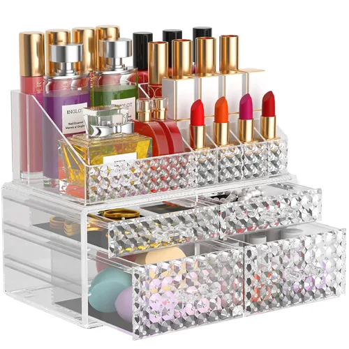 Miniatura 11 de Paquete de 3 organizadores de maquillaje apilables [actualizados], estuches de almacenamiento de cosméticos acrílicos con 8 cajones organizadores