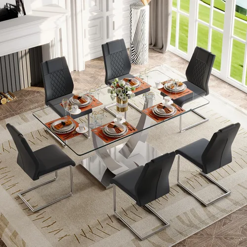 Miniatura 77 de Mesa de comedor moderna para mesa de comedor de mármol sintético de 4/6, 63 pulgadas, mesa de cocina rectangular, mesa de cocina y comedor de fácil