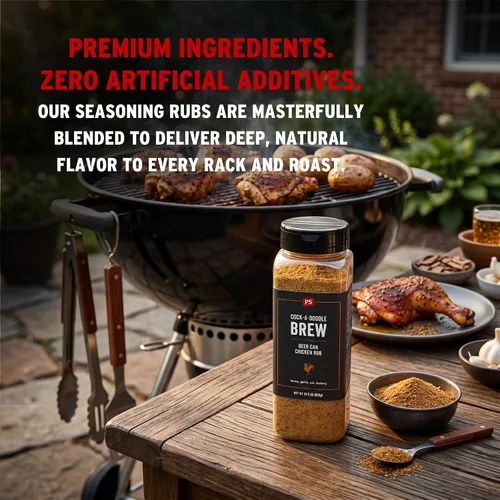 Miniatura 5 de PS Seasoning Cock-A-Doodle Brew - Condimento y Rub para Pollo en Lata de Cerveza para Ahumado y Asado - Mezcla seca de Ajo, Paprika, Ale de Miel