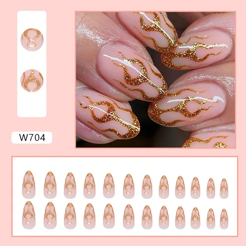 Miniatura 4 de TBRZTR Uñas postizas cortas ovaladas a presión de almendra, uñas postizas acrílicas artificiales con diseños de llama dorada, 24 piezas de cobertura