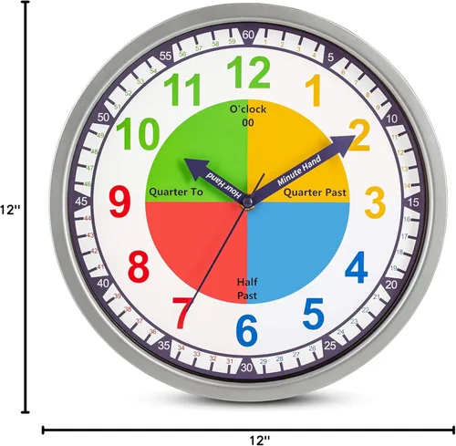 Miniatura 8 de Bernhard Products Reloj de pared colorido para niños, para enseñar el tiempo, silencioso, sin tictac, herramienta de aprendizaje educativa, números