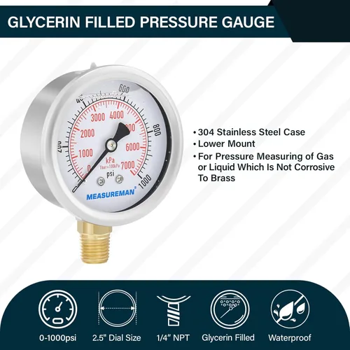 Miniatura 2 de MEASUREMAN - Medidor de presión con esfera de 2.5 pulgadas, de relleno líquido, 0-1000 psi/7000 kpa, caja de acero inoxidable 304, montaje inferior
