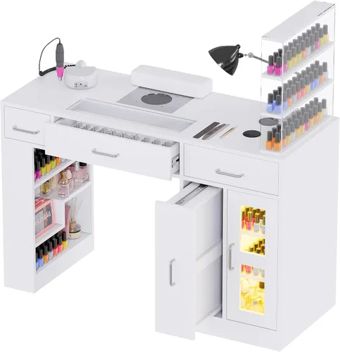 Miniatura 11 de Kikihouse Mesa de Manicura para Técnico de Uñas con Tapa de Vidrio y Cajón, Mesa para Técnico de Uñas con Estantes Móviles, Colector de Polvo, Carga