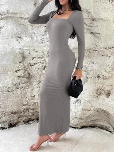 Miniatura 2 de Vestidos ajustados para mujer, con cuello cuadrado, manga larga, suave, acanalado, ajustado, 2023