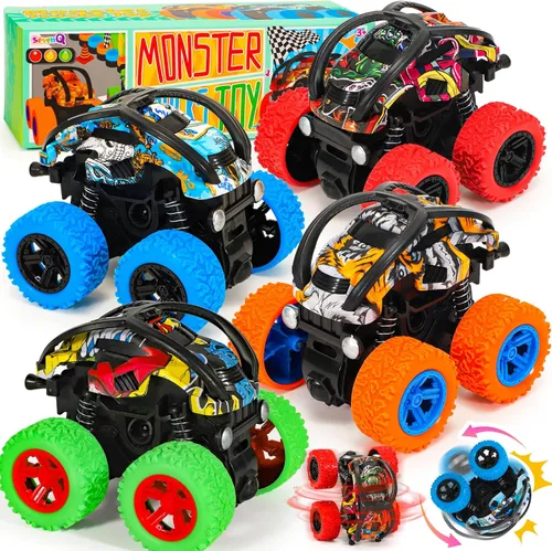 SevenQ Monster Truck - Juguetes de coches para niños, paquete de 4 coches de carreras, recuerdos de fiesta para niños, empujar y avanzar, coches