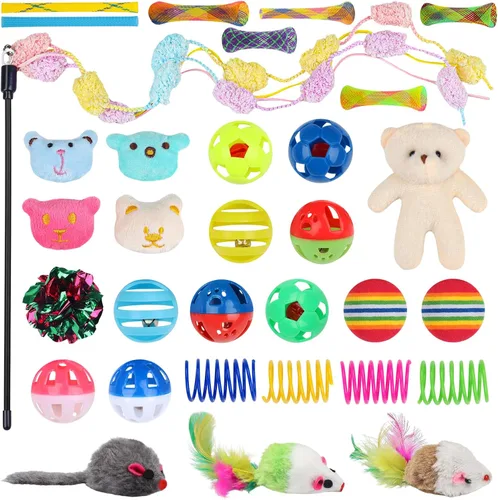 Miniatura 2 de QUOZUO Juego de 30 Piezas de Juguetes para Gatos, Juego de Juguetes para Gatitos, Juguete Interactivo para Gatos con Varilla, Muelles y Bola