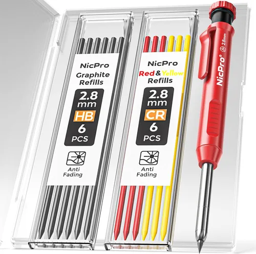 Miniatura 7 de Nicpro Lápiz de carpintero con sacapuntas, juego de lápices mecánicos con 26 recambios, marcador de agujeros profundos para construcción, Negro