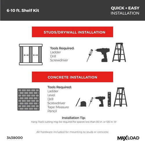 Miniatura 6 de ClosetMaid MaxLoad Kit de Estante de Pared de Servicio Pesado para Garaje, 6 – 10 Pies, Estantería de Alambre ShelfTrack Ajustable, Acabado Negro