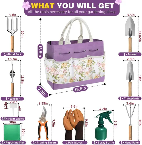 Miniatura 2 de Juego de 22 piezas de herramientas de jardín para mujeres, kit de herramientas de mano de jardín resistente, regalos para mamá jardinera, accesorios