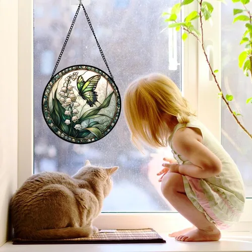 Miniatura 4 de DASTOLL Colgante de vidrio emplomado para ventana, diseño de lirio del valle, mariposa, atrapasol para puertas, hogar, atrapasoles decoración