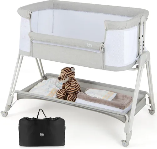 Miniatura 10 de BABY JOY Moisés para dormir junto a la cama, cuna plegable fácil con malla en todos los lados, estante de almacenamiento, 7 alturas ajustables, Negro