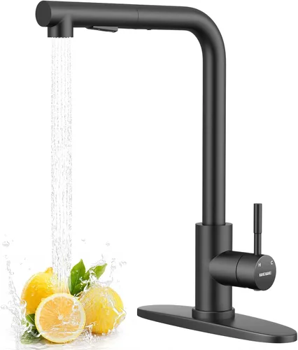 Miniatura 14 de WEWE Grifo de Fregadero de Cocina, Grifo de Cocina Extraíble, Grifo de Cocina Negro y Cromado con Rociador de Acero Inoxidable de Una Sola Manija