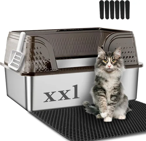 Suhaco Caja extra grande de arena para gatos de acero inoxidable con tapa XXL Cajas de arena para gatos con lados altos incluidas Alfombrilla de