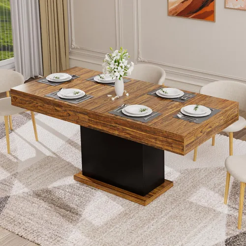 Miniatura 6 de Mesa de comedor de 55 pulgadas para 4 a 6 personas, mesa de comedor de madera de granja con cajones y luces LED para cocina, comedor y sala de estar