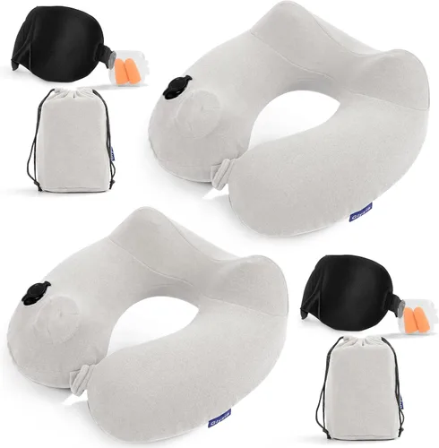 Miniatura 12 de Paquete de 2 almohadas inflables de viaje para el cuello para aviones, almohadas de cuello de terciopelo para adultos para vuelo largo, kit