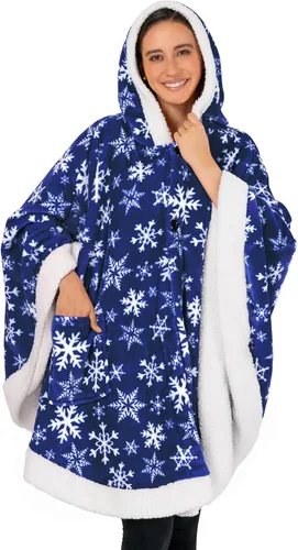 Miniatura 22 de PAVILIA Hooded Blanket Poncho for Women, Sherpa Shawl Wrap with Hood, Cozy Warm Wearable Throw with Pockets, Gift for Mom Azul marino