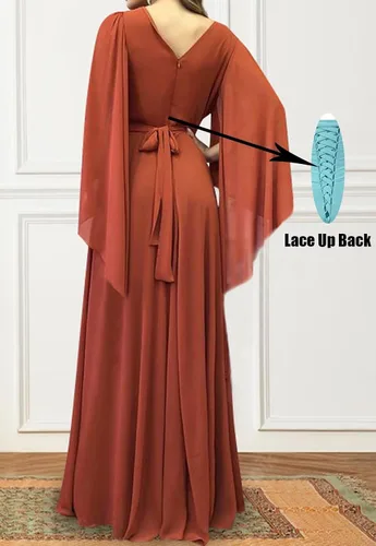 Miniatura 9 de Women's Long Sleeve Bridesmaid Dresses V-Neck Chiffon Ruched Formal Dress Evening Gown with Slit