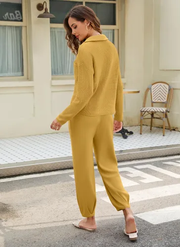 Miniatura 6 de softome Conjunto de 2 piezas para mujer, suéter de manga larga, con cremallera de 14, suéter de punto, pantalones casuales, conjunto de ropa