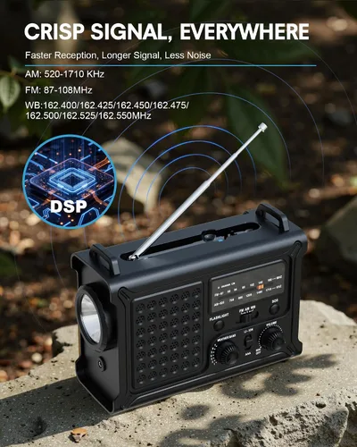 Miniatura 5 de OnLyee Radio de emergencia, radio meteorológica solar NOAA de manivela de 12000 mAh, radio AM/FM/WB con linterna LED de 5 W, luz de lectura, alarma