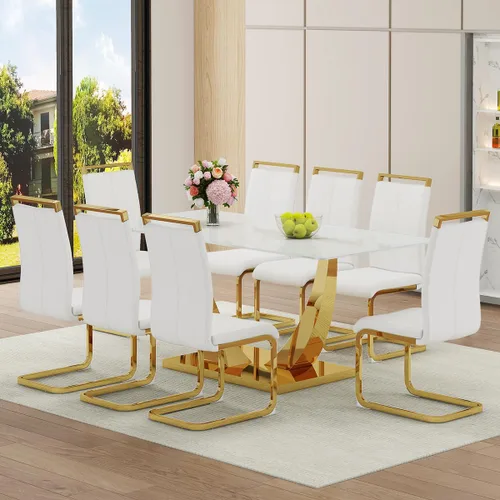 Miniatura 9 de Juego de Mesa de Comedor Negra para 6, Mesa de Comedor de Mármol Falso de 71" para 6, Juego de Mesa de Cocina Rectangular con Sillas de Cuero PU