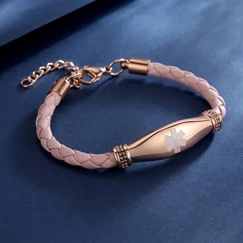 Miniatura 2 de LinnaLove Rose gold Medical Alert Bracelet for Women, Elegant Braided Pink Leather ID Jewelry, Adjustable Extension Fits 6.5"-8" Wrists