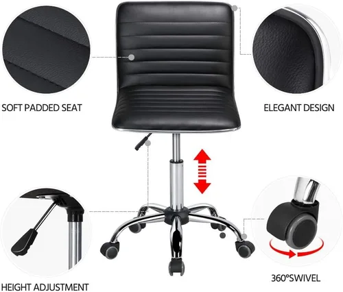 Miniatura 4 de Yaheetech Silla de escritorio ajustable de trabajo de piel sintética con respaldo bajo acanalado, sin reposabrazos, giratoria, negra, con ruedas