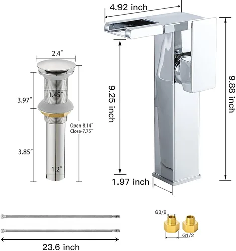 Miniatura 2 de Grifo de baño cromado con luz LED, 3 cambiantes de color, cascada de una sola manija, un agujero, grifo de fregadero a juego, desagüe desplegable