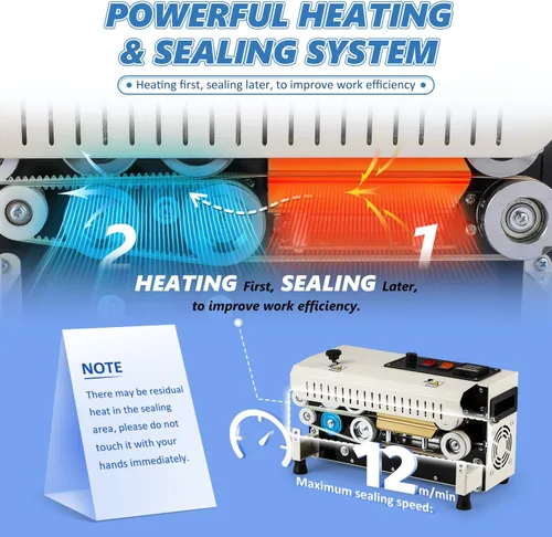 Miniatura 2 de Máquina selladora térmica comercial, sellador automático de banda continua, temperatura y velocidad ajustable, máquina de sellado horizontal de Beige