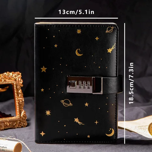 Miniatura 2 de TIEFOSSI Diario de cuero estrellado con cerradura, carpeta de papel recargable, diario de contraseña, cuaderno secreto A6 de tapa dura para mujeres