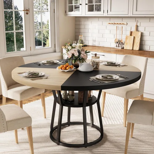 Miniatura 11 de GarveeHome Mesa de comedor redonda para 4-6, 47.2 pulgadas, mesa de cocina de granja con almacenamiento, mesas de comedor circulares para cocina