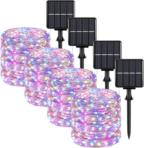 Guirnalda de luces solares extralargas de 288 pies, 800 LED, paquete de 4, 72 pies, 200 luces LED parpadeantes para exteriores, impermeables, 8