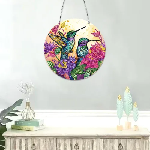 Miniatura 3 de LUSandy Kit de pintura de diamante de colibrí con flores 5D para bricolaje, letrero de arte de pared, colibrí, diamante, atrapasoles, adorno Flores