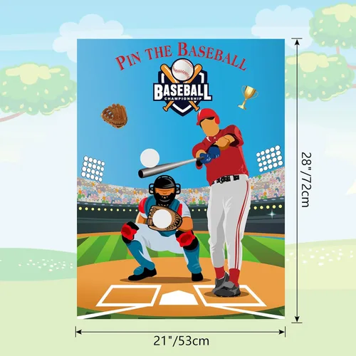 Miniatura 2 de PLULON Pin The Baseball Party Game para niños Pin The Baseball en el Guante y el Batón Póster grande con pegatinas para decoraciones de pared