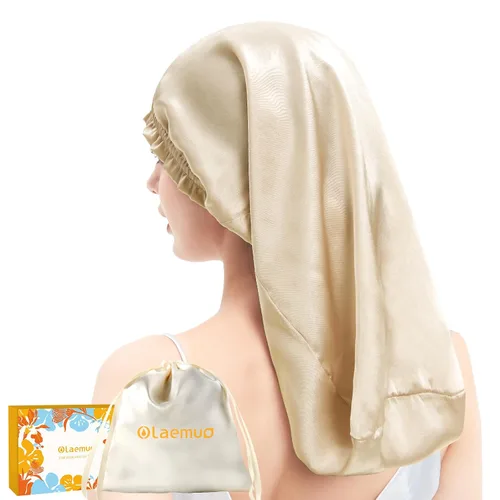 Gorro largo 100% seda de morera para mujeres durmientes, gorro de seda de grado 6A con cabeza elástica, gorro de noche sedoso para trenzas de Negro