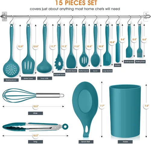 Miniatura 2 de E-far - Juego de utensilios de cocina de silicona azul turquesa, 15 piezas con soporte, utensilios de cocina antiadherentes y resistentes al calor