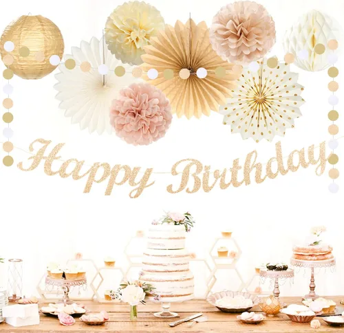 Miniatura 6 de Decoraciones de Fiesta de Cumpleaños Boho de Otoño Dorado Champán Beige - 21 piezas Pancarta Feliz Retro Neutral de Otoño, Girl One Sweet Peach