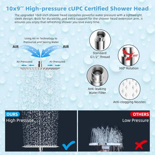 Miniatura 6 de Hibbent Cabezal de ducha de lluvia de 10 pulg. de metal completo con certificación CUPC, juego de cabezal de ducha doble, varita de ducha de mano