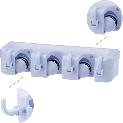 Miniatura 4 de Superio Soporte de pared para fregona y escoba (negro) Herramientas de limpieza Organizador de pared, 5 ranuras para estante y 6 ganchos