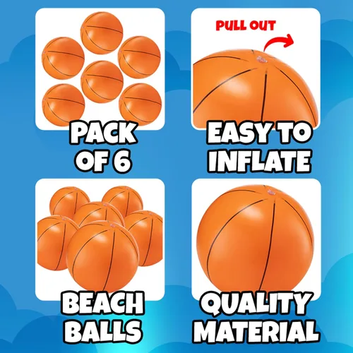 Miniatura 2 de Pelotas inflables de playa de baloncesto (paquete de 6) – Pelotas de playa duraderas de 16 pulgadas para niños, juguetes de piscina de verano