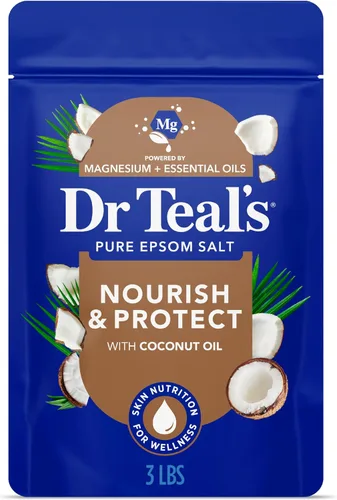 Dr. Teal - Sal pura de Epsom remojada, nutre y protege con aceite de coco, 3 libras (el embalaje puede variar)