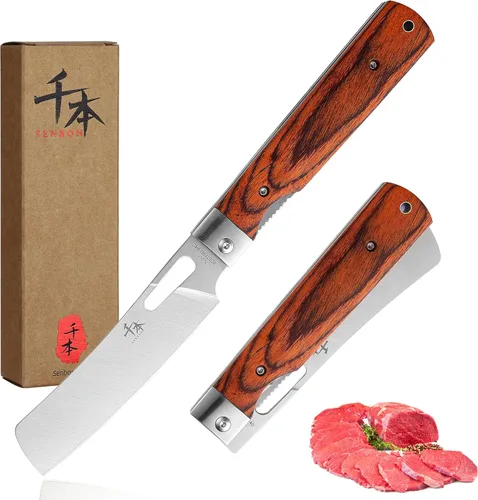 Miniatura 11 de SENBON Cuchillo de bolsillo plegable de acero inoxidable 440A con sierra para pan japonés, mango natural de oliva, para camping al aire libre