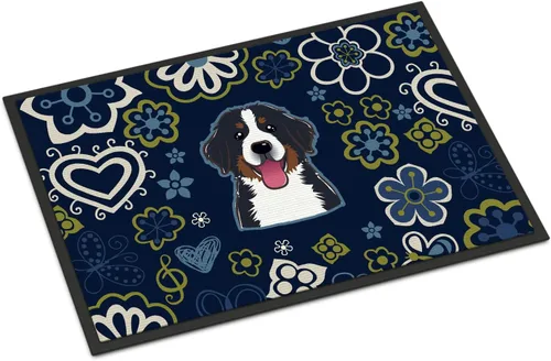 Caroline's Treasures BB5088JMAT - Tapete para puerta delantera de perro de montaña bernés, con flores azules, 24 x 36 pulgadas, para interiores y