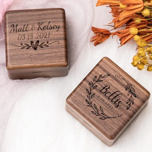 Miniatura 3 de KWOOD Caja de anillo de boda personalizada, Caja de anillo de madera, Caja cuadrada de anillo doble, Caja de anillo de compromiso, Soporte de caja