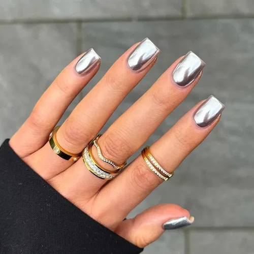 Miniatura 16 de Uñas Postizas Cuadradas de Cromo Púrpura Cortas Medianas para Presionar, KQueenest Uñas Acrílicas Falsas de Plateado Metálico Espejo para Presionar