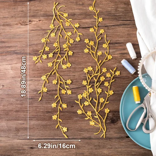 Miniatura 7 de OIIKI Adornos dorados para vestidos, 2 piezas, parches bordados de ciruela, apliques de tela de encaje floral, parche bordado para manualidades