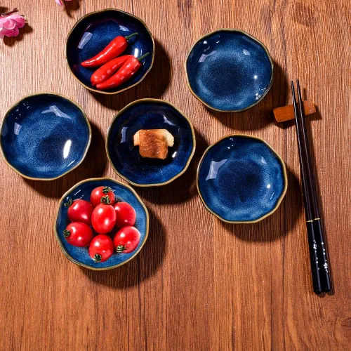 Miniatura 3 de Juego de 6 platos de cerámica para salsa de soja para condimentos de sushi (horno azul)