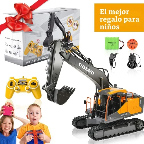 Miniatura 9 de Double E Volvo - Excavadora de control remoto a escala 1:16, juguete de construcción 3 en 1 de 17 canales con pala de metal, taladro, agarre