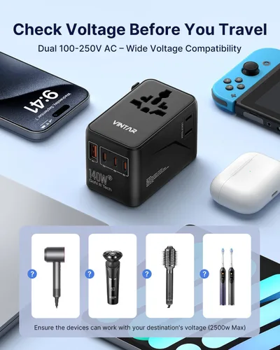 Miniatura 6 de VINTAR 140W GaN Universal Travel Adapter, 6-in-1 International Power Adapter with 2AC, 3 USB-C PD & 1 USB-A QC, All-in-One Charger Compatible with